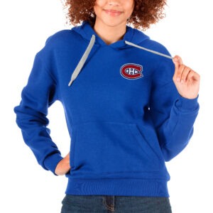 Women's Antigua Royal Montreal Canadiens Primary Logo Victory Pullover Hoodie