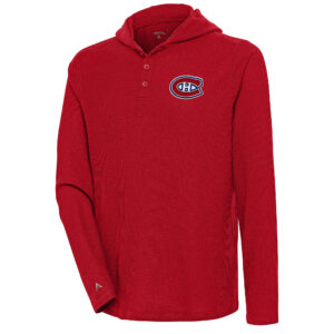 Men's Antigua Red Montreal Canadiens Strong Hold Long Sleeve Henley Hoodie T-Shirt