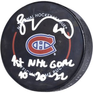 Juraj Slafkovsky Montreal Canadiens Autographed Official Game Puck with "1st NHL Goal 10-20-22" Inscription